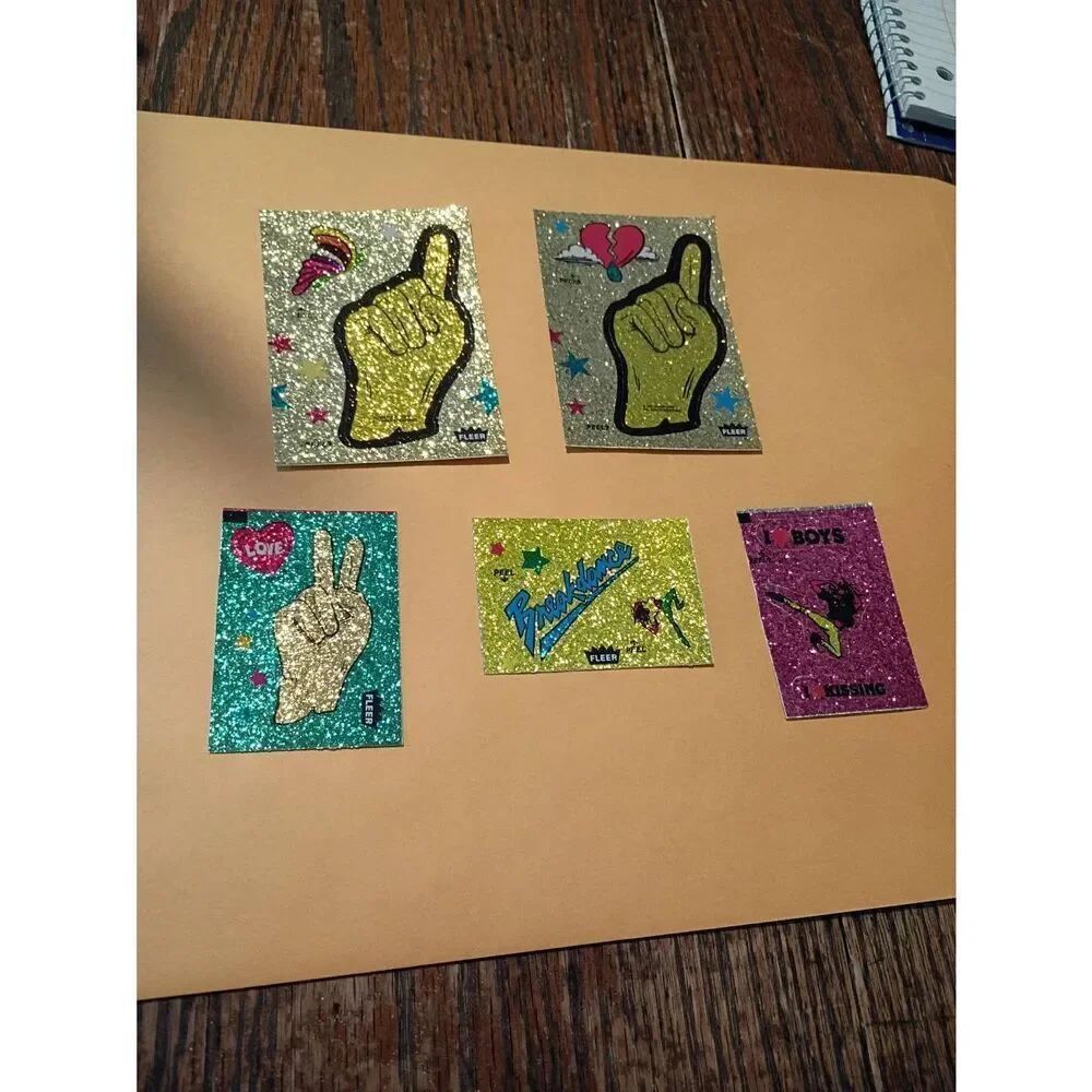 Lot of 5 Fleer Glitter Sticker Sheets Vintage 1980s Card Size and Smaller